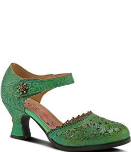 �����e�B�X�e ���f�B�[�X �V���[�Y �p���v�X �A���N�� ���U�[ L'ARTISTE Visionary Embossed Laser Cut Leather Ankle Strapumps Green �O���[��