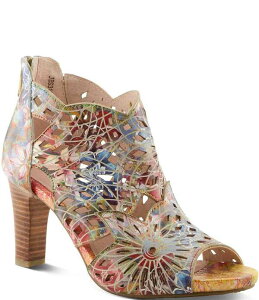 �����e�B�X�e ���f�B�[�X �V���[�Y �u�[�c�E���C���u�[�c ���U�[ L'ARTISTE Amora-Fire Hand-Painted Rainbow Embossed Laser-Cut Leather Peep Toe Shooties Rainbow