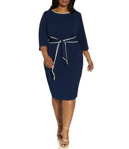 �A�h���A�i �p�y�� ���f�B�[�X �g�b�v�X �V���c �N���[�l�b�N���[�v���X�T�C�Y Adrianna Papell Plusize Crew Neck 3/4 Sleeve Crepe Tie Waist Sheath Dress Navy/Ivory �A�C�{���[
