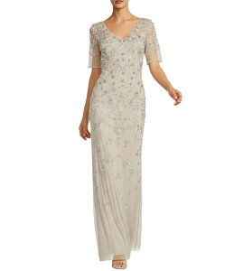 �A�h���A�i �p�y�� ���f�B�[�X �g�b�v�X �����s�[�X V�l�b�N ���b�V�� Adrianna Papell Beaded Mesh V-Neck Short Sleeve Dress Biscotti