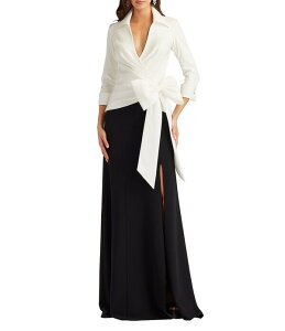 �^�_�V�V���[�W ���f�B�[�X �g�b�v�X �����s�[�X �N���[�v A ���C�� Tadashi Shoji Taffeta Textured Crepe Long Sleeve Mock Wrap Front Bow A Line Gown White/Black �z���C�g