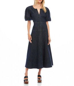 �J�����P�[�� ���f�B�[�X �g�b�v�X �����s�[�X V�l�b�N A ���C�� �~�f�B �f�j�� Karen Kane Denim Split V-Neck Short Puff Sleeve A-Line Midi Dress Denim �f�j��