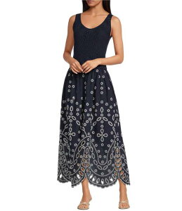 ���[�V�[�p�� ���f�B�[�X �g�b�v�X �����s�[�X �v�` �~�f�B �m�[�X���[�u Lucy Paris Petite Size Cara Scoop Neck Sleeveless Eyelet Mixed Media Midi Dress Navy �l�C�r�[