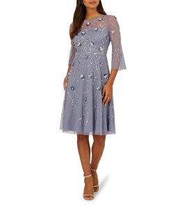 �A�h���A�i �p�y�� ���f�B�[�X �g�b�v�X �����s�[�X �N���[�l�b�N ���b�V�� �~�f�B Adrianna Papell Beaded Mesh Crew Neck 3/4 Bell Sleeve Midi Dress Cool Wisteria