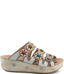 �����e�B�X�e ���f�B�[�X �V���[�Y �T���_�� �v���b�g�t�H�[�� ���U�[ L'ARTISTE Cuddlecake Leather Flower Applique Platform Wedge Slide Sandals White Multi �z���C�g