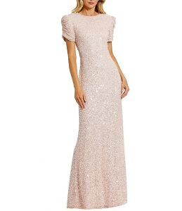 �}�b�N�_�K�� ���f�B�[�X �g�b�v�X �����s�[�X �N���[�l�b�N �v�` �M���U�[ Mac Duggal Petite Beaded Crew Neck Ruched Short Sleeve Longown Blush �u���b�V��