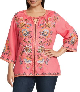 �W���� �}�[�N ���f�B�[�X �g�b�v�X �V���c V�l�b�N �v���X�T�C�Y �h�J John Mark Plusizembroidered Split V-Neck 3/4 Sleeve Tie-Front Peasantop Coral �R�[����