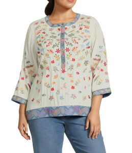 �W���� �}�[�N ���f�B�[�X �g�b�v�X �V���c �v���X�T�C�Y �h�J John Mark Plusizembroidered Banded Collar 3/4 Sleeve Tunicreamulti �N���[��