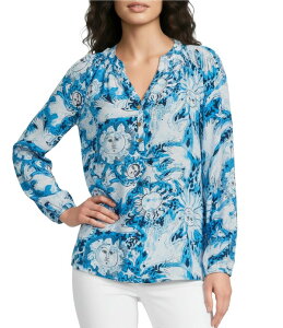 �����[�s�����b�c�@�[ ���f�B�[�X �g�b�v�X �V���c V�l�b�N �v�����g �u���E�X Lilly Pulitzer Elsa Lilly Guls Print Notch Collar V-Neck Bracelet Sleeve Blouse Bellevue Blue �u���[