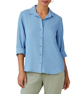 �x���_�[�� ���f�B�[�X �g�b�v�X �V���c V�l�b�N �{�^���_�E�� Bella Dahl Woven Split V-Neck Long Sleeve Button Down Shirtidal Blue �u���[