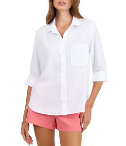 �x���_�[�� ���f�B�[�X �g�b�v�X �V���c V�l�b�N �{�^���_�E�� Bella Dahl Woven Split V-Neck Long Sleeve Button Down Shirt White �z���C�g