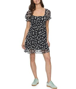 �t���b�O �A���h �A���Z�� ���f�B�[�X �g�b�v�X �����s�[�X �v�����g �~�j Flag and Anthem Aubrey Printed Puffed Sleeve Tie Front Mini Dress Black �u���b�N
