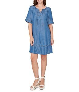 ���r�[�A�[���f�B�[ ���f�B�[�X �g�b�v�X �����s�[�X �v�` ���[�X Ruby Rd. Petite Size Tencel Split Neck Short Sleeve Lace-Up Shift Dress Dark Chambray