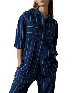 �t�@���e�B ���f�B�[�X �g�b�v�X �V���c �R�b�g�� Faherty Organicotton Island Tide Spread Collar Long Sleeve Coordinating Shirt Indigo Drift Stripe �C���f�B�S