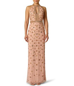 �A�h���A�i �p�y�� ���f�B�[�X �g�b�v�X �����s�[�X ���b�V�� �z���^�[ Adrianna Papell Beaded Mesh Plunge Halter Neck Longown Apricot Ice �A�v���R�b�g