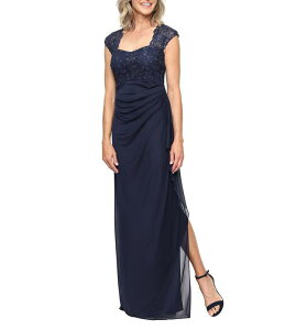 �A���b�N�X�C�u�j���O�X ���f�B�[�X �g�b�v�X �����s�[�X �T�C�h�X���b�g �h�J Alex Evenings Embroidered Bodice Square Neck Side Slit Long Dress Navy �l�C�r�[