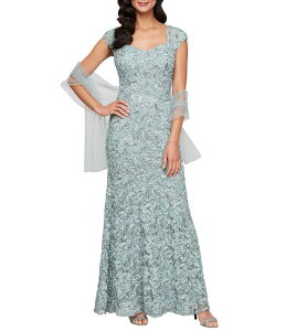 �A���b�N�X�C�u�j���O�X ���f�B�[�X �g�b�v�X �����s�[�X �v�` ���[�X Alex Evenings Petite Size Sweetheart Neck Lace Shawl Soutache Longown Ice Sage �Z�[�W