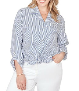 ���r�[�A�[���f�B�[ ���f�B�[�X �g�b�v�X �V���c �v���X�T�C�Y Ruby Rd. Plusize Woven Stripe Notch Lapel Collar Long Roll-Tab Sleeve Tie-Front Shirt White/Sea Blue �z���C�g