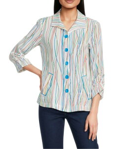 �A�� �}�C���X ���f�B�[�X �g�b�v�X �V���c Ali Miles Woven Multi Stripe Point Collar 3/4 Cinched Tie Sleeve Button Frontunic Multi �}���`�J���[