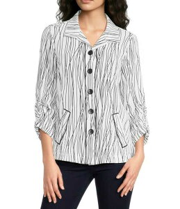 �A�� �}�C���X ���f�B�[�X �g�b�v�X �V���c Ali Miles Woven Multi Stripe Point Collar 3/4 Cinched Tie Sleeve Button Frontunic White Black Print �z���C�g