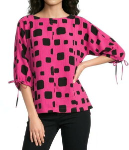 �A�� �}�C���X ���f�B�[�X �g�b�v�X �V���c �v�����g Ali Miles Woven Multi Square Print Round Neck 3/4 Sleeve Cinched Tie Cuff Pullover Top Raspberry �}���`�J���[