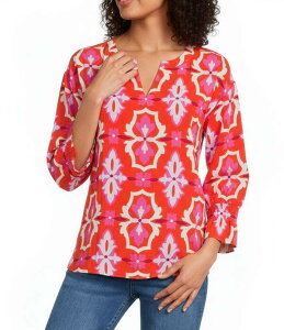 �A�� �}�C���X ���f�B�[�X �g�b�v�X �V���c V�l�b�N �V���[�����O Ali Miles Woven Retro Geometric Split V-Neck Long Sleeve Smocked Cuff Pullover Tunic Pink Lemonade �s���N