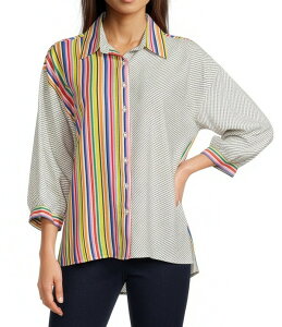 �A�� �}�C���X ���f�B�[�X �g�b�v�X �V���c �v�` Ali Miles Petite Size Solid Multi Stripe Point Collar 3/4 Sleeve High-Low Hem Button-Front Shirt Stripe Multi �}���`�J���[