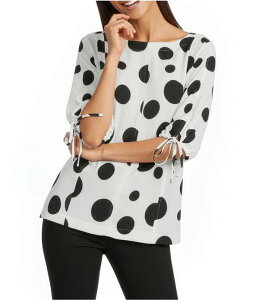 �A�� �}�C���X ���f�B�[�X �g�b�v�X �V���c �v�` Ali Miles Petite Size Multi Dot Round Neck 3/4 Cinch Tie Sleeve Hi-Low Hem Top Dot Multi �}���`�J���[