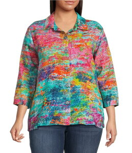 �A�� �}�C���X ���f�B�[�X �g�b�v�X �V���c �v���X�T�C�Y Ali Miles Plusize Abstract Multi Point Collar 3/4 Dolman Sleeve Button-Frontunic Abstract Multi �}���`�J���[