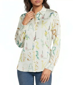 �J�[�� ���K�[�t�F���h ���f�B�[�X �g�b�v�X �V���c �v�����g �T�e�� KARLAGERFELD PARIS Printed Satin Point Collar Long Sleeve Shirt Bisque/Panacea