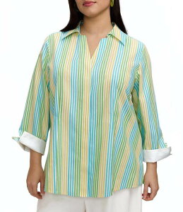 �t�H�b�N�X�N���t�g ���f�B�[�X �g�b�v�X �V���c �v���X�T�C�Y Foxcroft Plusize Taylor Ombre Stripe Point Collar 3/4 Sleeve Button-Front Shirt Multi �}���`�J���[
