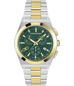 �T�����@�g�[�� �t�F���K�� ���f�B�[�X �A�N�Z�T���[ �r���v T�V���c Salvatore Ferragamo Men's Vega Upper East Chronograph Two Tone Stainlessteel Green Dial Bracelet Watch Two Tone �O���[��