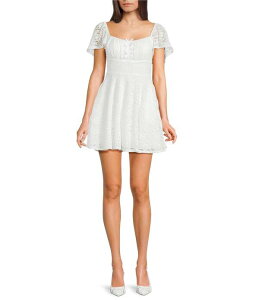 �V�e�B���@�C�u ���f�B�[�X �g�b�v�X �����s�[�X ���[�X City Vibe Lace Bow Front Short Sleeve Skater Dress Ivory �A�C�{���[