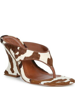 �V���b�c ���f�B�[�X �V���[�Y �T���_�� �v�����g Schutz Maya Cow Print Hair Calf High Wedge Thong Sandals Pearl Pony/Cognac �p�[��