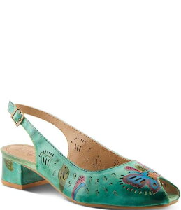 �����e�B�X�e ���f�B�[�X �V���[�Y �p���v�X ���U�[ L'ARTISTE Streetpeep Hand-Painted Laser Cut Leather Peep Toe Slingback Pumps Mint Green Multi �O���[��