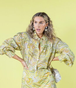 �A���g�j�I �����[�j ���f�B�[�X �g�b�v�X �V���c �u���E�X Antonio Melani x Amanda Jones Vaughan Stevie Coordinating Paisley Point Collar Long Sleeve Button Front Blouse Citron/Daffodil