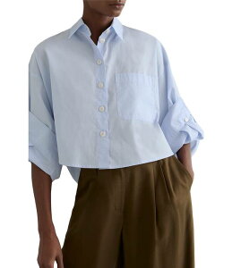 ���C�X ���f�B�[�X �g�b�v�X �V���c �R�b�g�� �N���b�v�h Reissolenge Woven Cotton Long Button Cuff Sleeves Cropped Button Front Shirt Blue �u���[