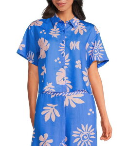 �X�J�C�Y�A�u���[ ���f�B�[�X �g�b�v�X �V���c �v�����g �N���b�v�h Skies Are Blue Leaf Print Point Collar Short Sleeve Cropped Button Front Coordinating Shirt Blue/Pink �u���[