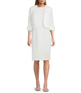 ���{ ���f�B�[�X �g�b�v�X �����s�[�X �W���P�b�g Le Bos Round Neck 3/4 Sleeve Rhinestone Trim Textured 2-Piece Jacket Dress White �z���C�g