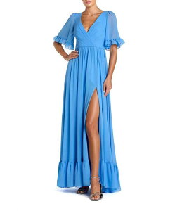 �}�b�N�_�K�� ���f�B�[�X �g�b�v�X �����s�[�X A ���C�� �t���� Mac Duggal Short Sleeve Ruffle Trim A-Line Long Dress Fusion Blue �u���[