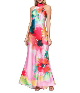 �G�X�P�[�v ���f�B�[�X �g�b�v�X �����s�[�X �v�����g �T�e�� �m�[�X���[�u �z���^�[ Xscape Satin Flower Print Halter Bow Tie Neckline Sleevelessheath Long Dress Pink/Red Multi ���b�h