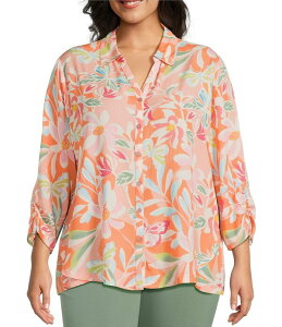 �A���\�� �f�C���[ ���f�B�[�X �g�b�v�X �V���c �v���X�T�C�Y �v�����g �u���E�X Allison Daley Plusize Desert Flower Print 3/4 Tie Sleeve Point Collar Button Front Blouse Coral Butterfly Botanica �R�[����