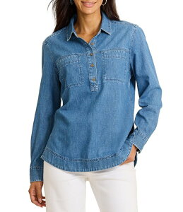 �g�b�~�[�o�n�} ���f�B�[�X �g�b�v�X �V���c �f�j�� Tommy Bahama Cross Hatch Denim Boyfriend Point Collar Long Sleeve Popover Top Indigoasis Wash �C���f�B�S