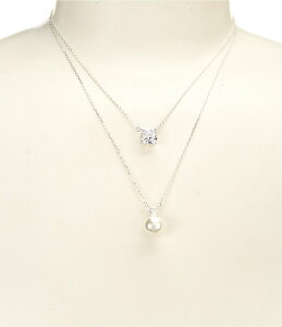 �Z�U���k ���f�B�[�X �A�N�Z�T���[ �l�b�N���X�E�`���[�J�[ ���[�X Cezanne Crystal Square Stone and Pearl Drop 2 Row Chain Short Multi Strand Necklace Silver/CZ �V���o�[