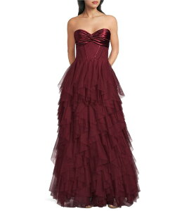 �V�e�B���@�C�u ���f�B�[�X �g�b�v�X �����s�[�X �t���� �X�g���b�v���X City Vibe Strapless Bandeau Twist Front Corseted Bodice Ruffle Layered Gown Cabernet