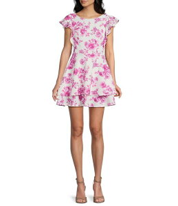 �~�b�h�i�C�g �h�[�� ���f�B�[�X �g�b�v�X �����s�[�X �t�����[�� �v�����g �t�����[ Midnight Doll Floral Printed Boat Neck Flare Sleeve Double Hem Dress Ivory/Pink �A�C�{���[