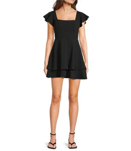 �~�b�h�i�C�g �h�[�� ���f�B�[�X �g�b�v�X �����s�[�X �N���[�v �X�L���[�o Midnight Doll Scuba Crepe Flutter Sleeve Double Hem Fit-And-Flare Dress Black �u���b�N