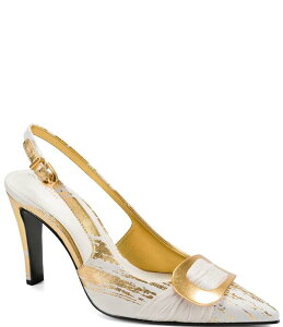 �_�i�L������ ���f�B�[�X �V���[�Y �q�[�� �g�[�� Donna Karan Peara Metallic Foil Buckle Oranmented Slingback Pointed Toe Pumps Ivory/Gold �A�C�{���[