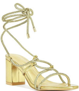 �A�U���A ���� ���f�B�[�X �V���[�Y �T���_�� �g�[�� �A���N�� �q�[�� Azalea Wang Revani Metallic Rhinestone Ankle Tie Block Heel Dressandals Gold �S�[���h