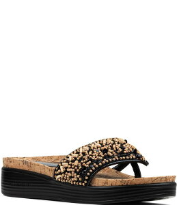 �h�i���h�v���l�[�� ���f�B�[�X �V���[�Y �T���_�� �X�p���R�[�� ���U�[ Donald Pliner Fifi Beaded Sequined Leather Cork Wedge Thong Sandals Black/Natural �u���b�N
